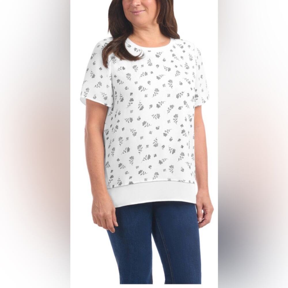 NWT Hilary Radley Women's Off White and Black Floral Top size L